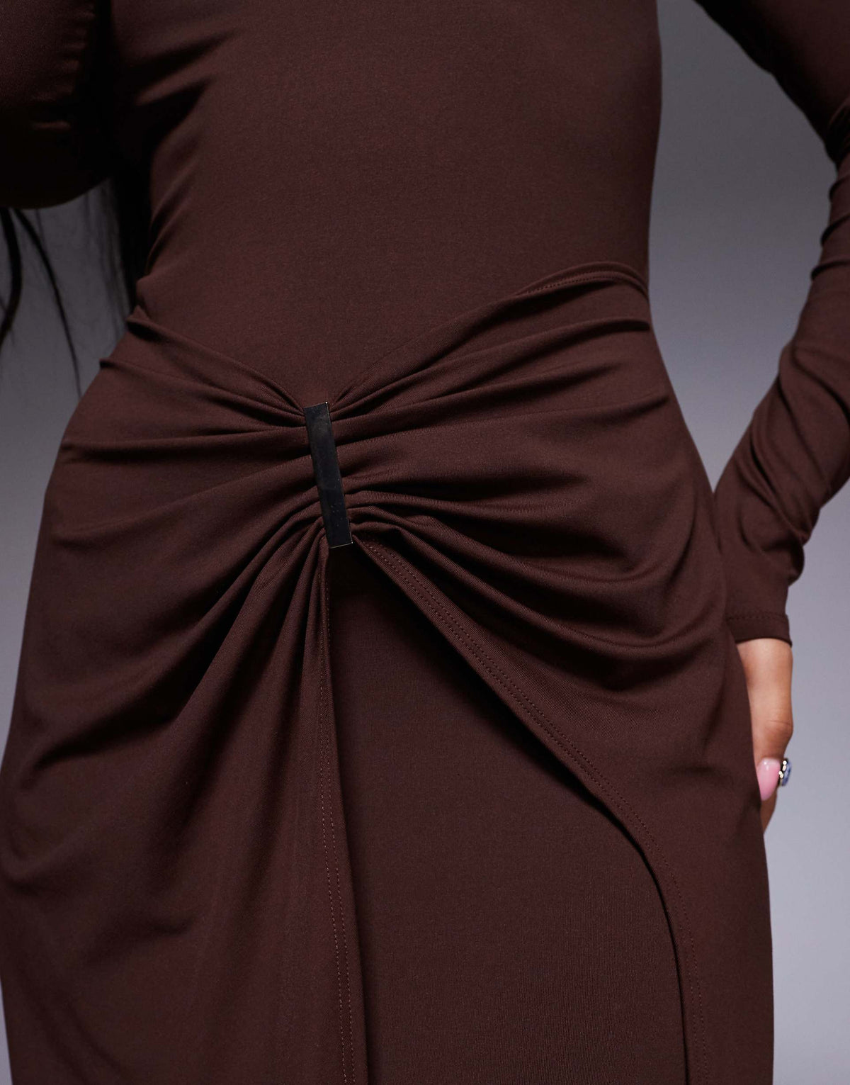 ASOS DESIGN slash neck long sleeve wrap hardware detail midi dress in chocolate
