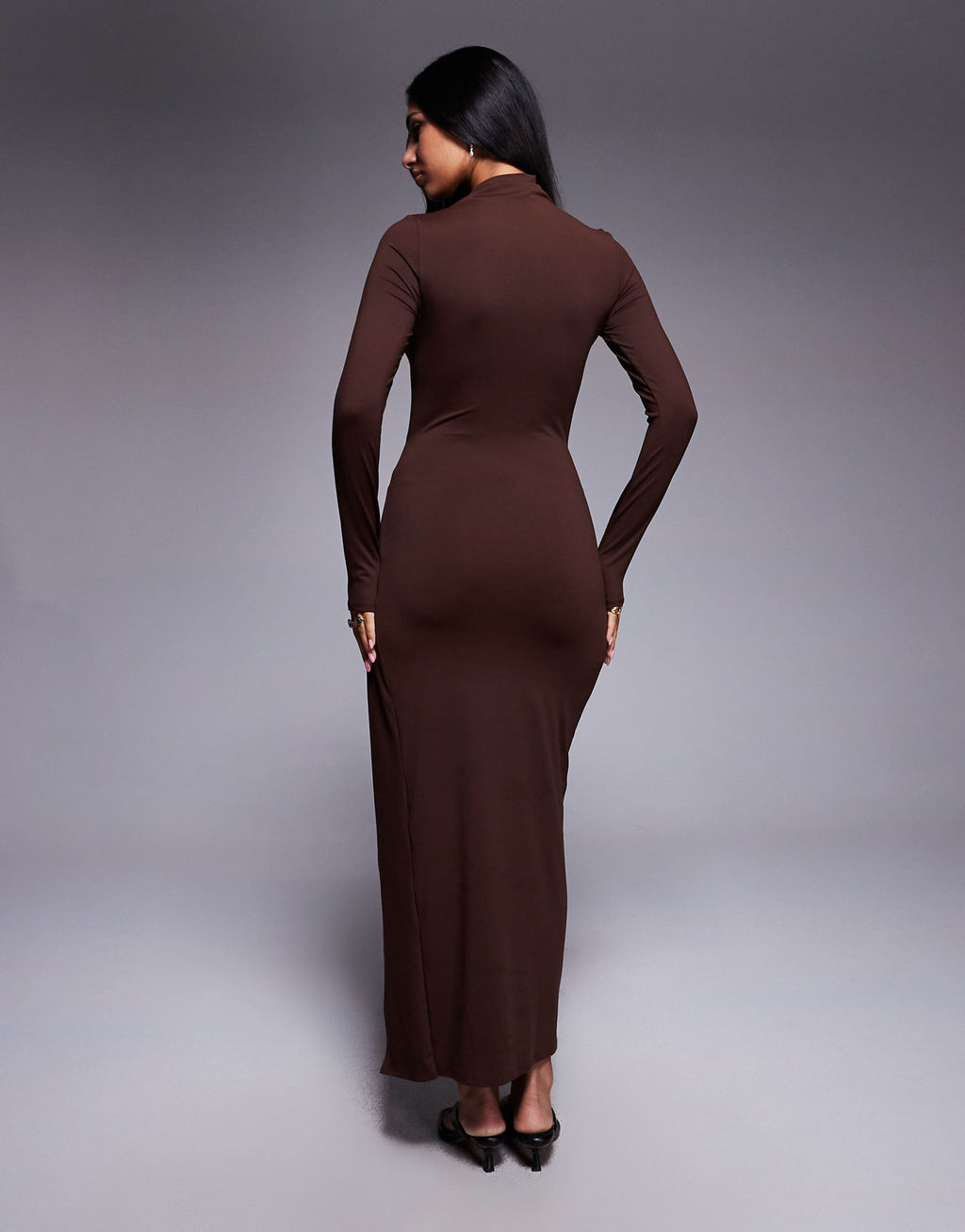 ASOS DESIGN slash neck long sleeve wrap hardware detail midi dress in chocolate