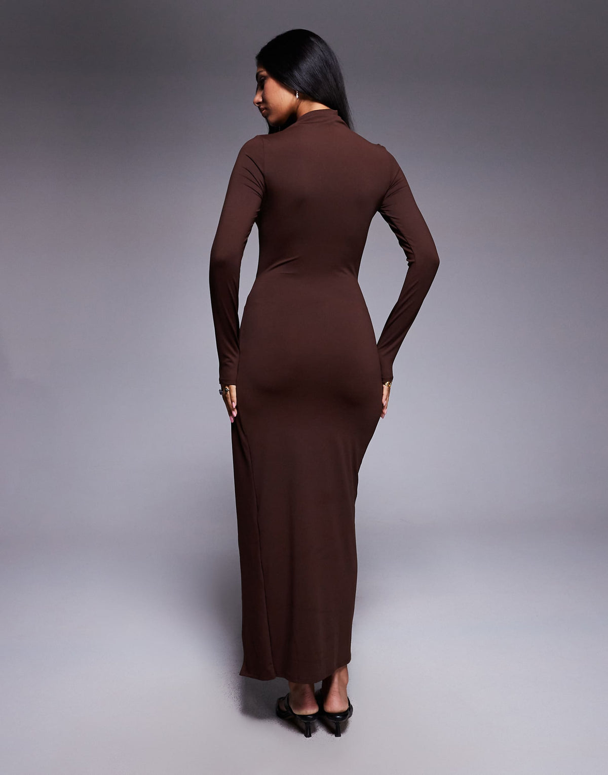 ASOS DESIGN slash neck long sleeve wrap hardware detail midi dress in chocolate
