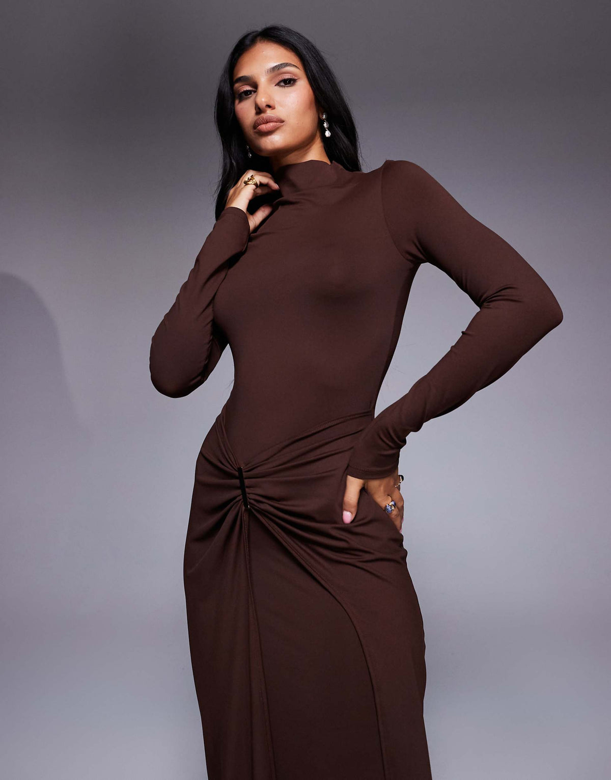 ASOS DESIGN slash neck long sleeve wrap hardware detail midi dress in chocolate