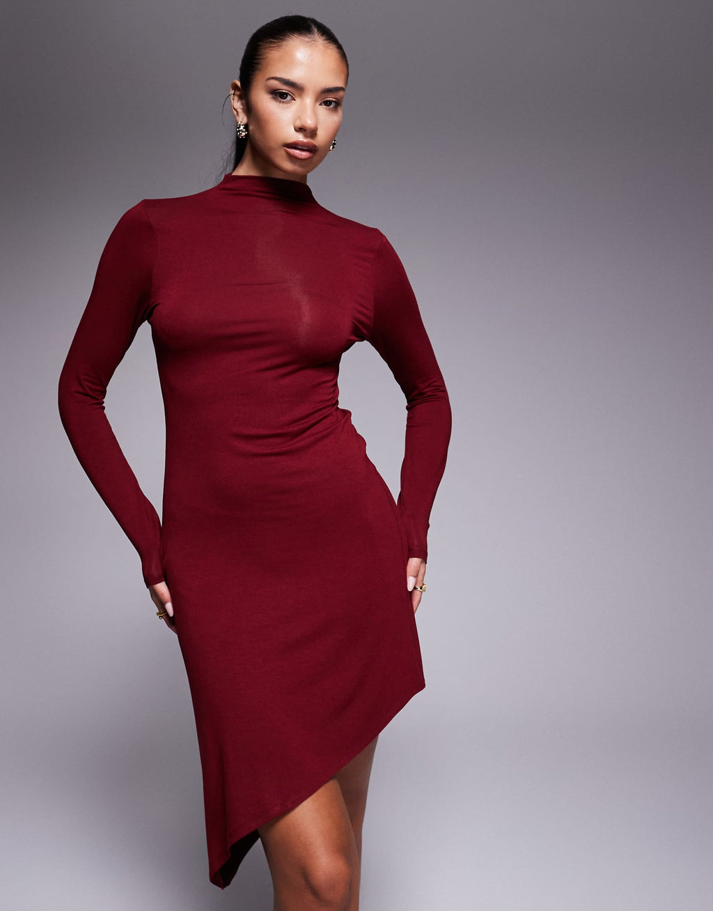 ASOS DESIGN ribbed asymmetric hem mini dress in wine