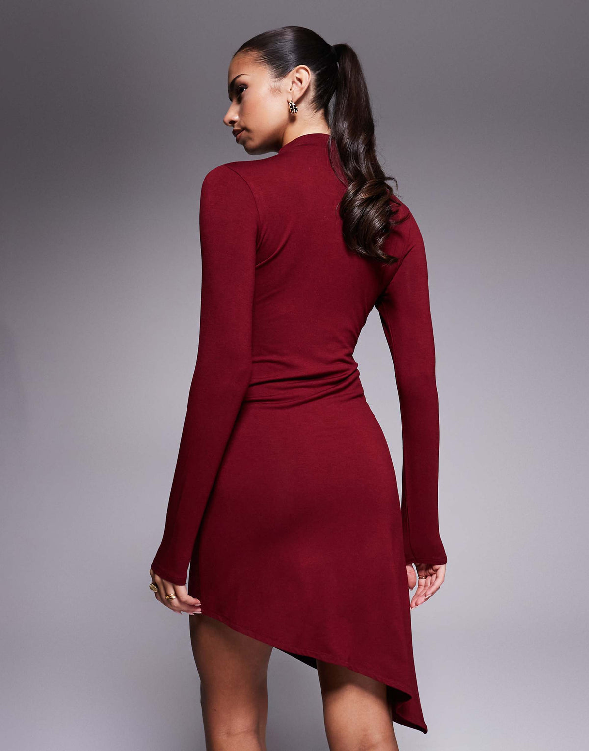 ASOS DESIGN ribbed asymmetric hem mini dress in wine
