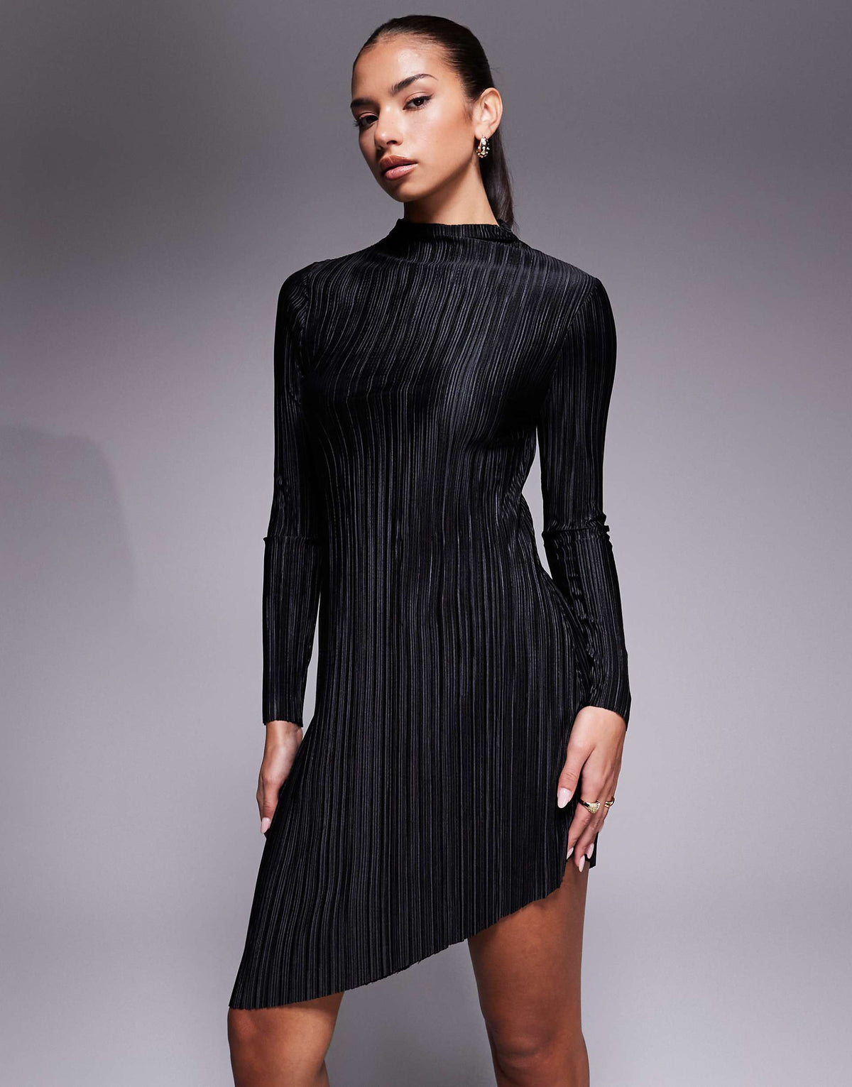 ASOS DESIGN plisse asymmetric hem mini dress in black