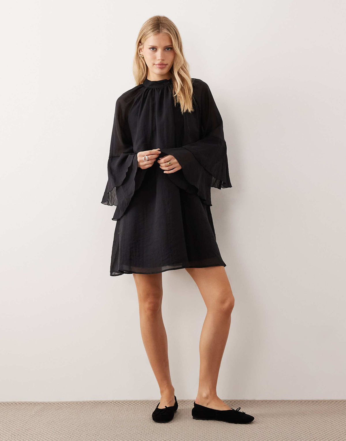 AWARE flared sleeves high neck mini dress in black