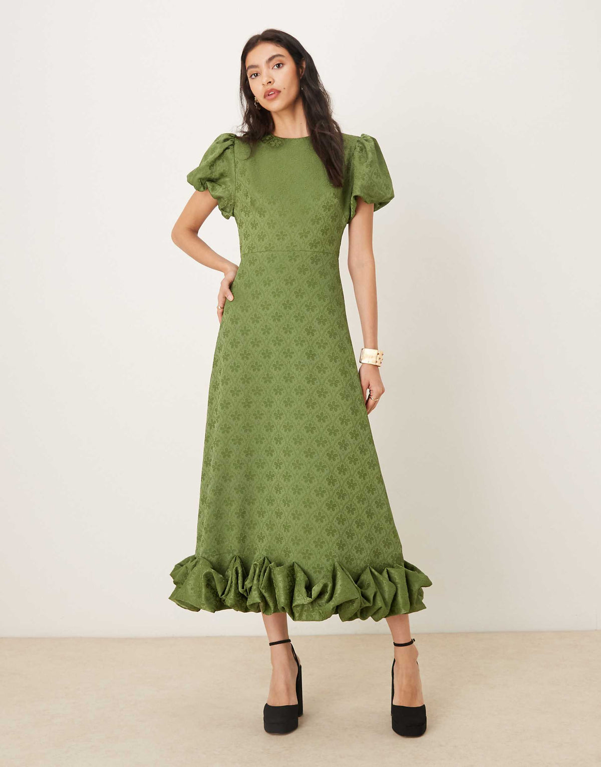 Sister Jane jacquard puff sleeve ruffle hem midaxi dress in khaki green