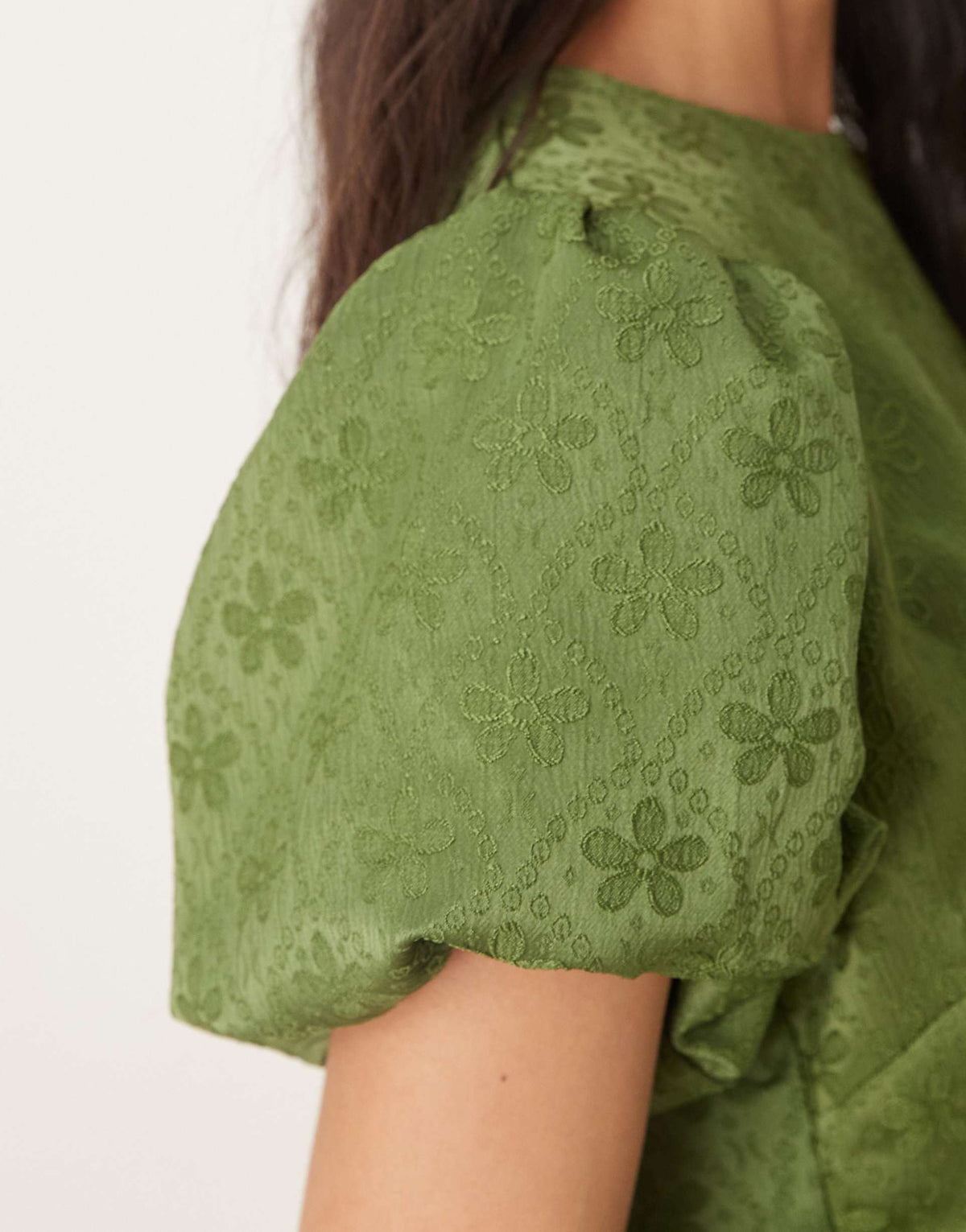 Sister Jane jacquard puff sleeve ruffle hem midaxi dress in khaki green