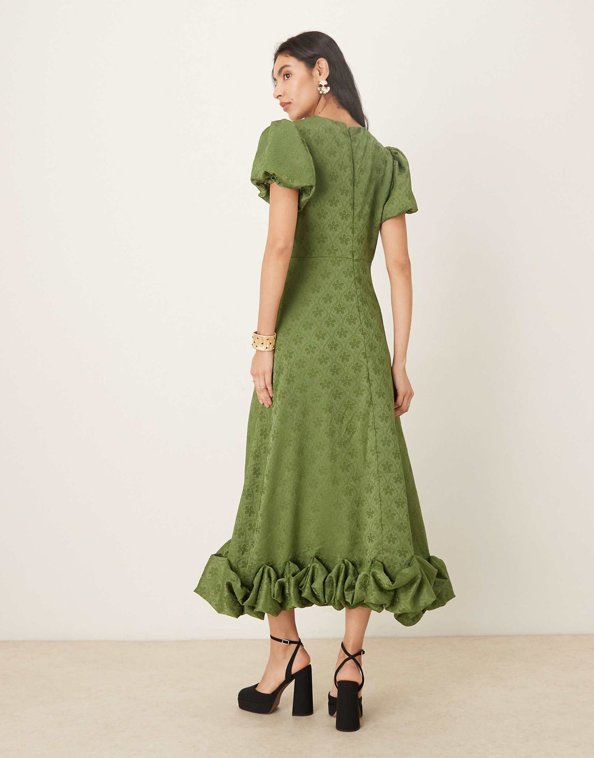 Sister Jane jacquard puff sleeve ruffle hem midaxi dress in khaki green