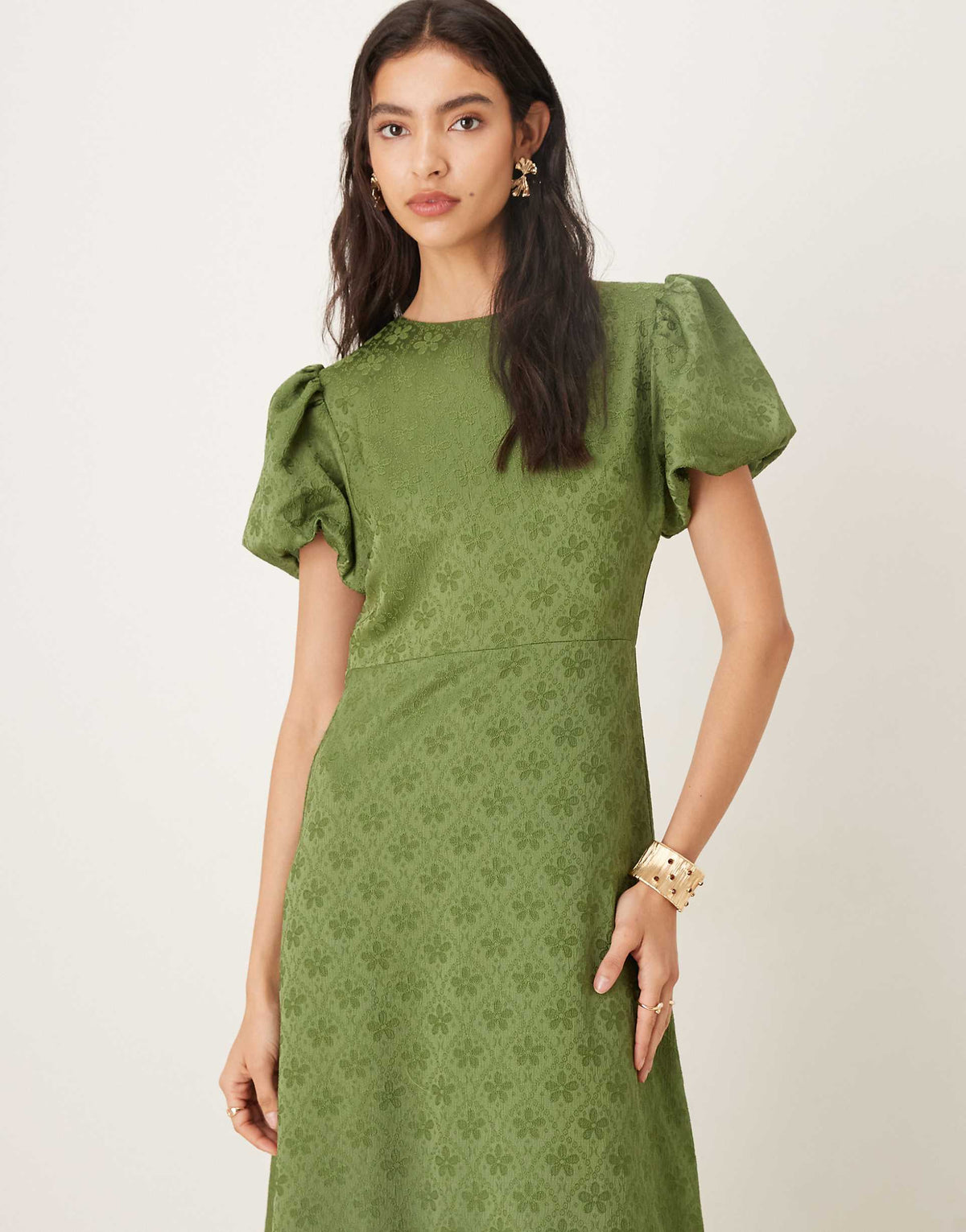 Sister Jane jacquard puff sleeve ruffle hem midaxi dress in khaki green