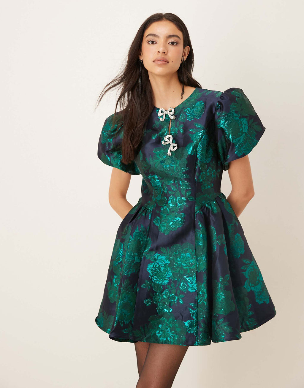 Sister Jane jacquard puff sleeve rhinestone bow detailing mini dress in emerald green