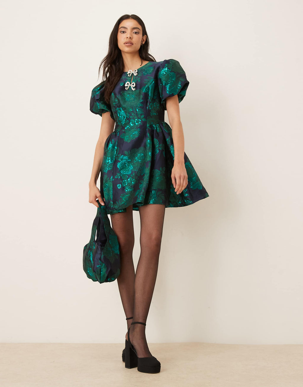 Sister Jane jacquard puff sleeve rhinestone bow detailing mini dress in emerald green