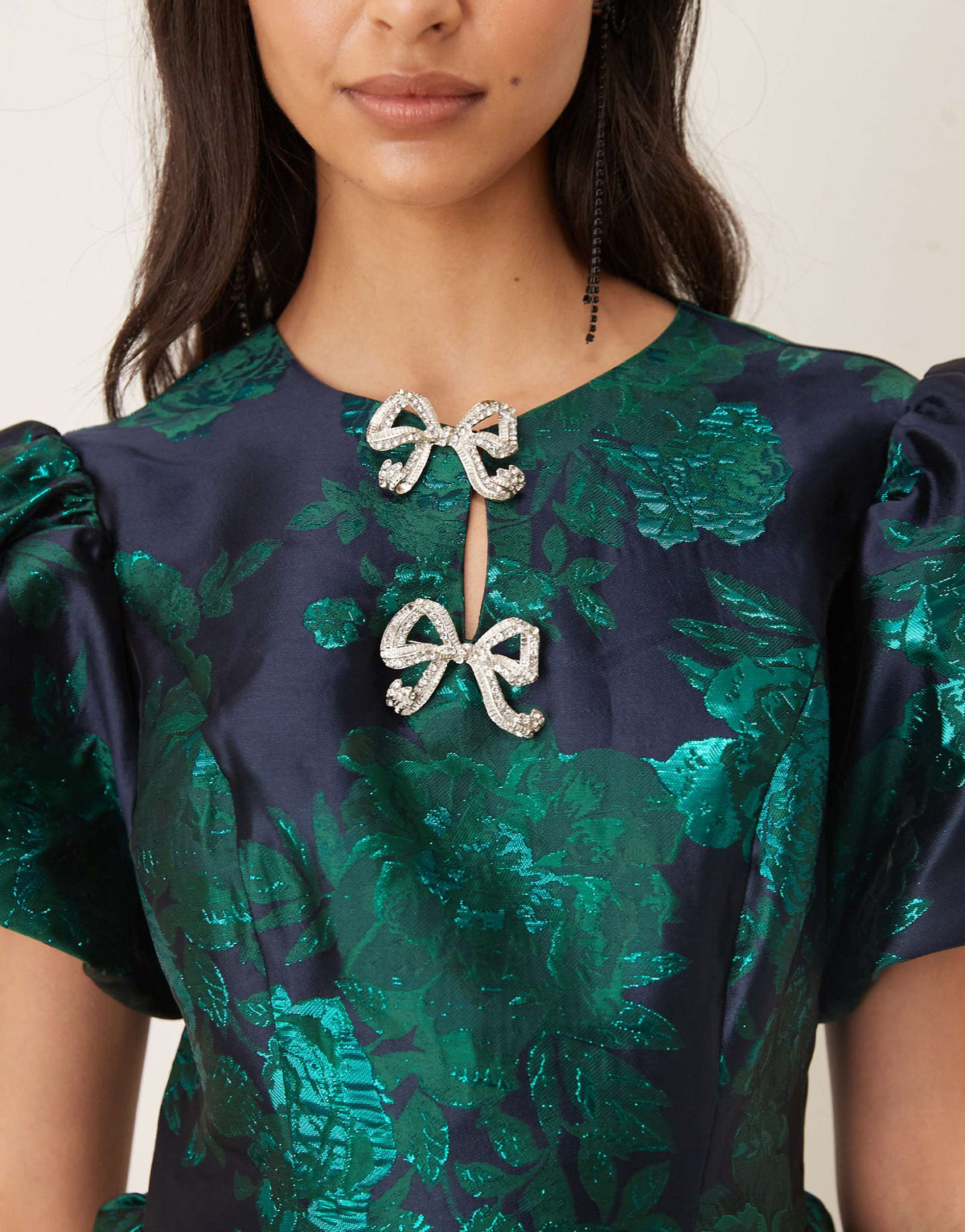 Sister Jane jacquard puff sleeve rhinestone bow detailing mini dress in emerald green