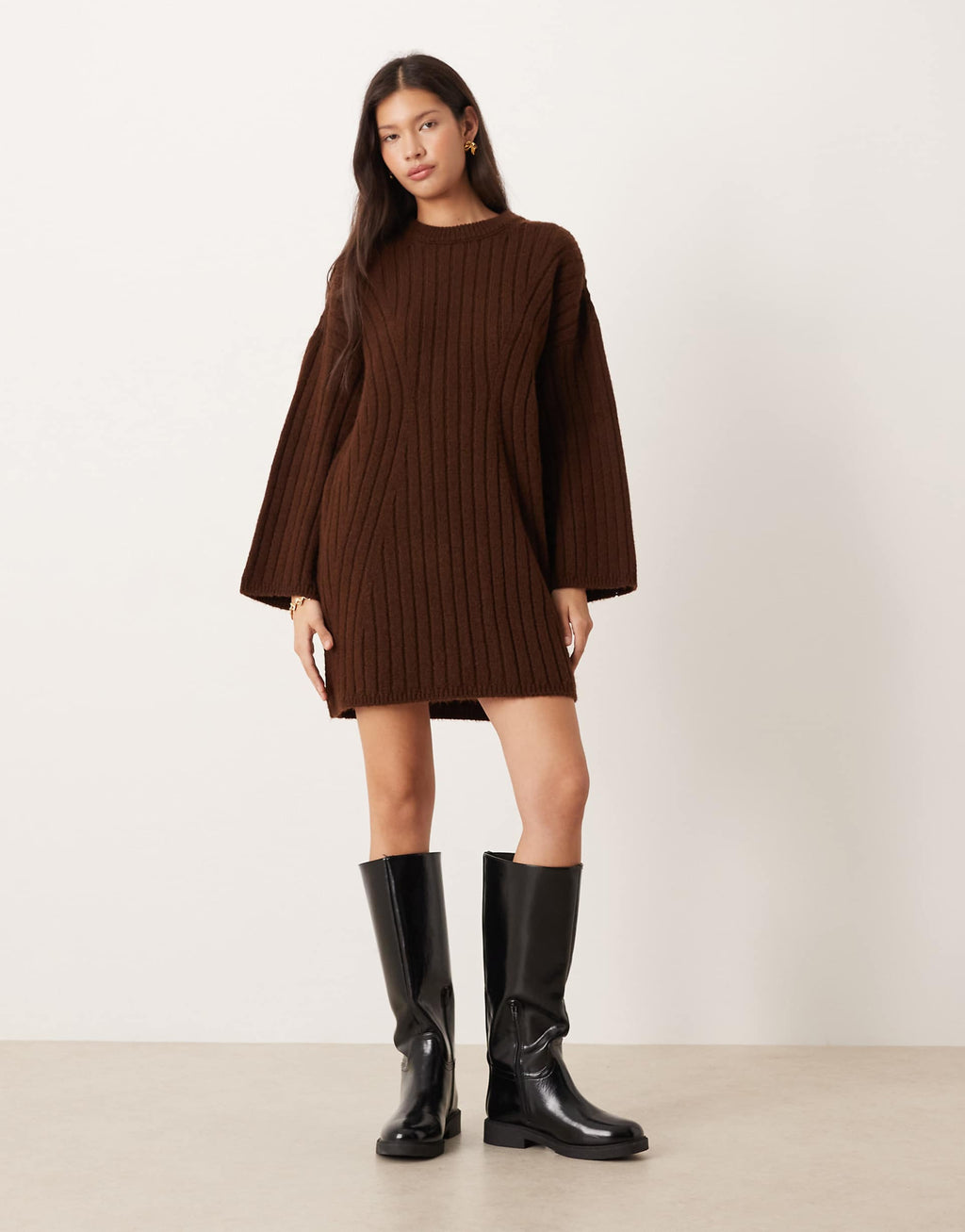 ASOS DESIGN knit ribbed crew neck sweater dress in chocolate