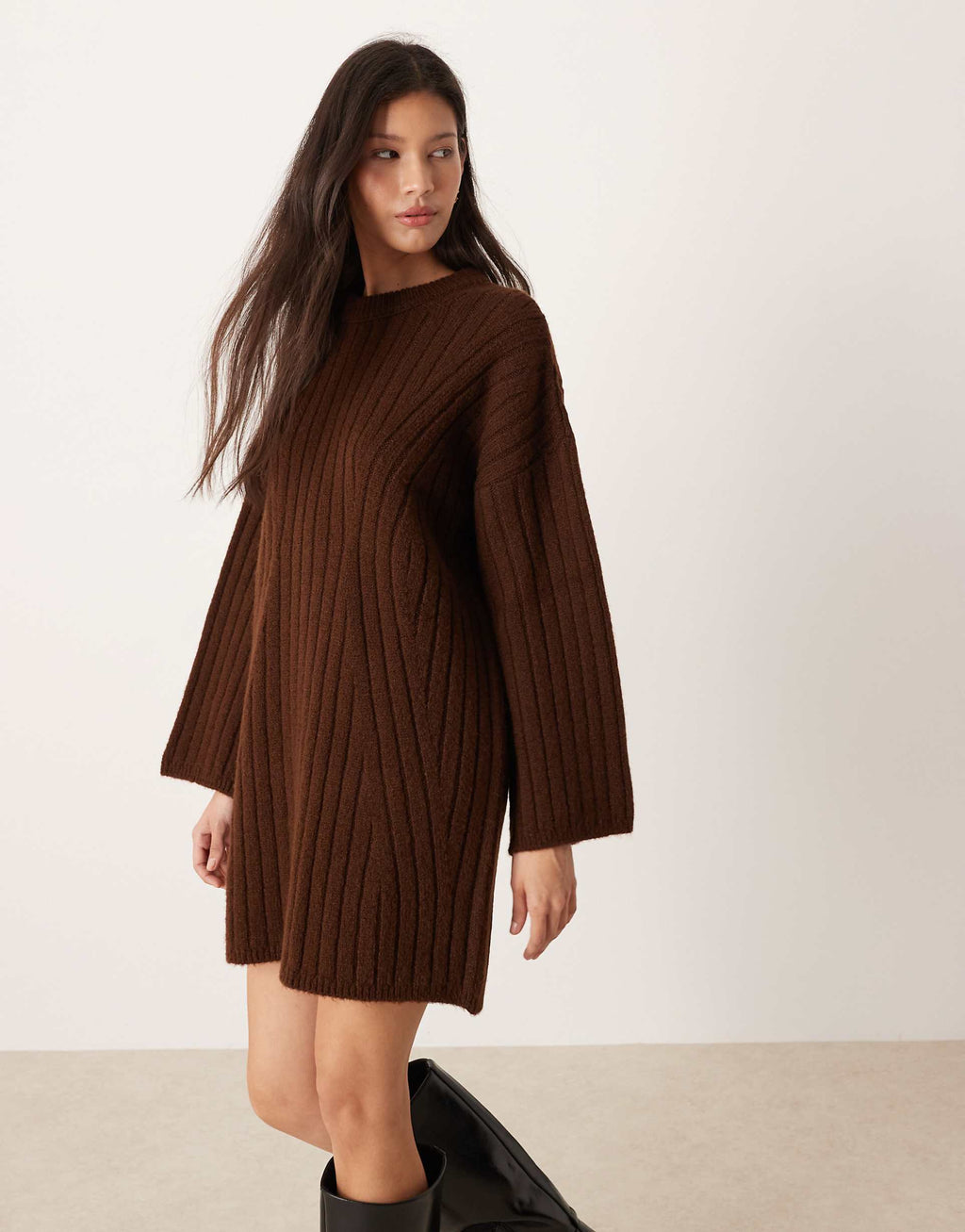 ASOS DESIGN knit ribbed crew neck sweater dress in chocolate
