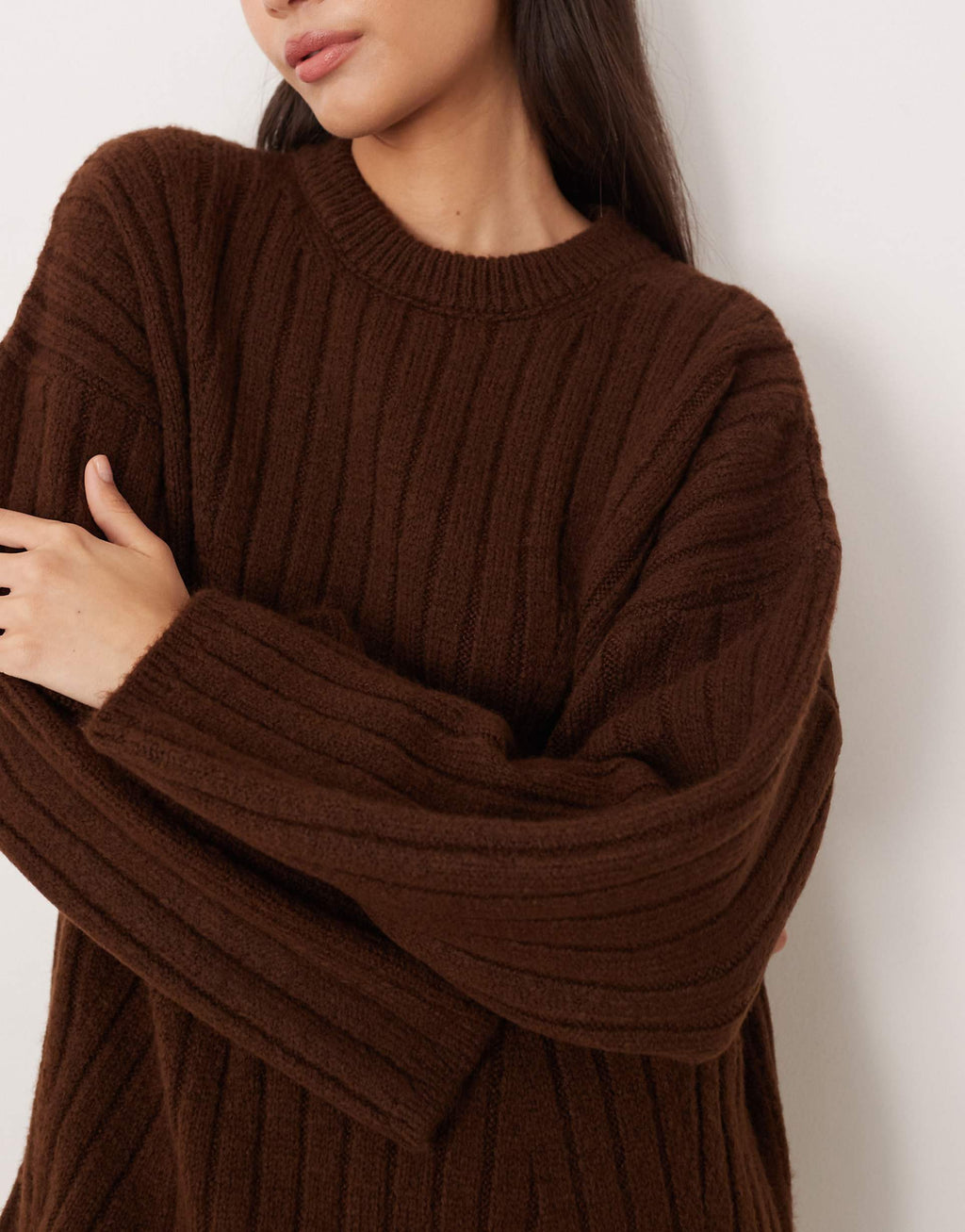 ASOS DESIGN knit ribbed crew neck sweater dress in chocolate