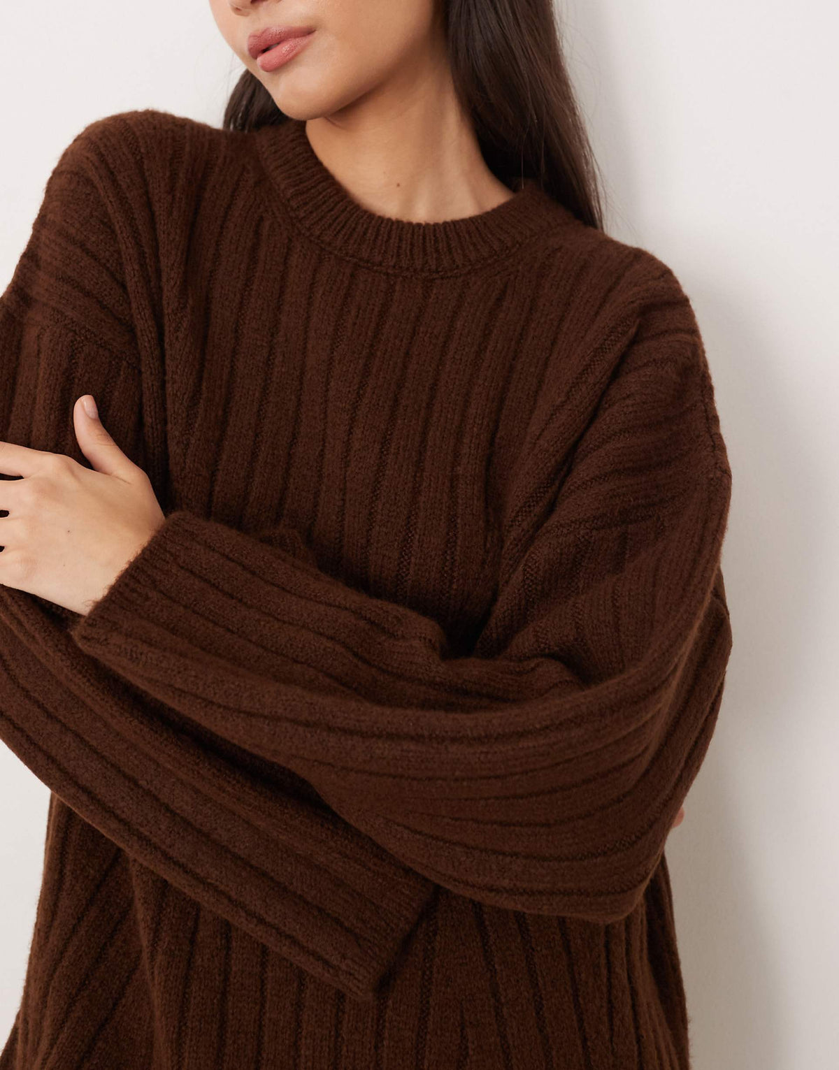 ASOS DESIGN knit ribbed crew neck sweater dress in chocolate