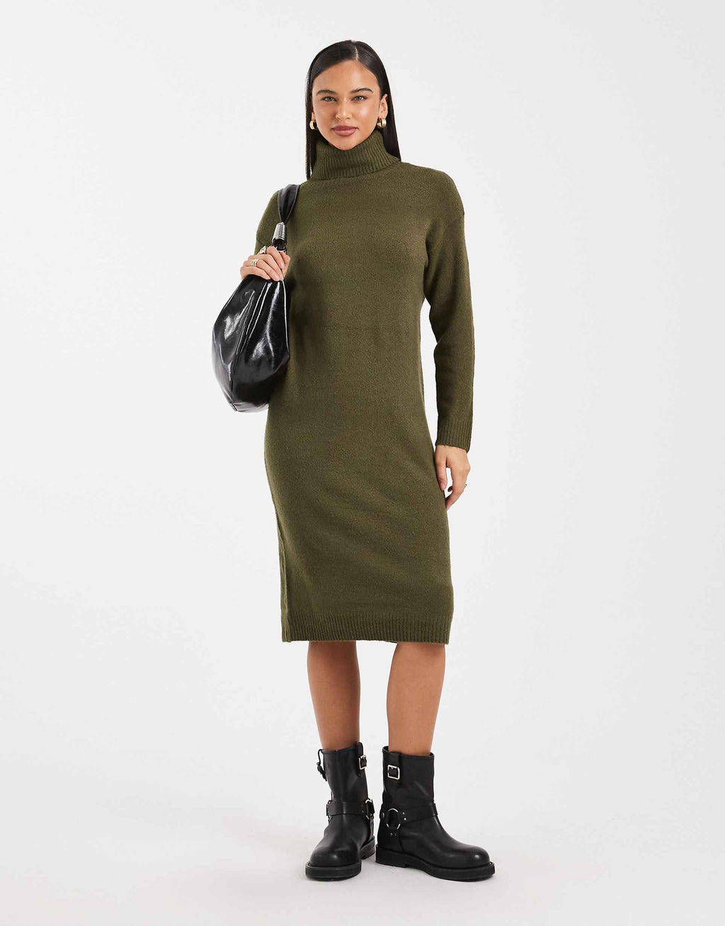 Brave Soul knit turtle neck sweater dress in khaki green