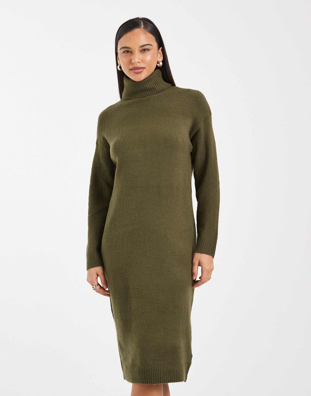 Brave Soul knit turtle neck sweater dress in khaki green
