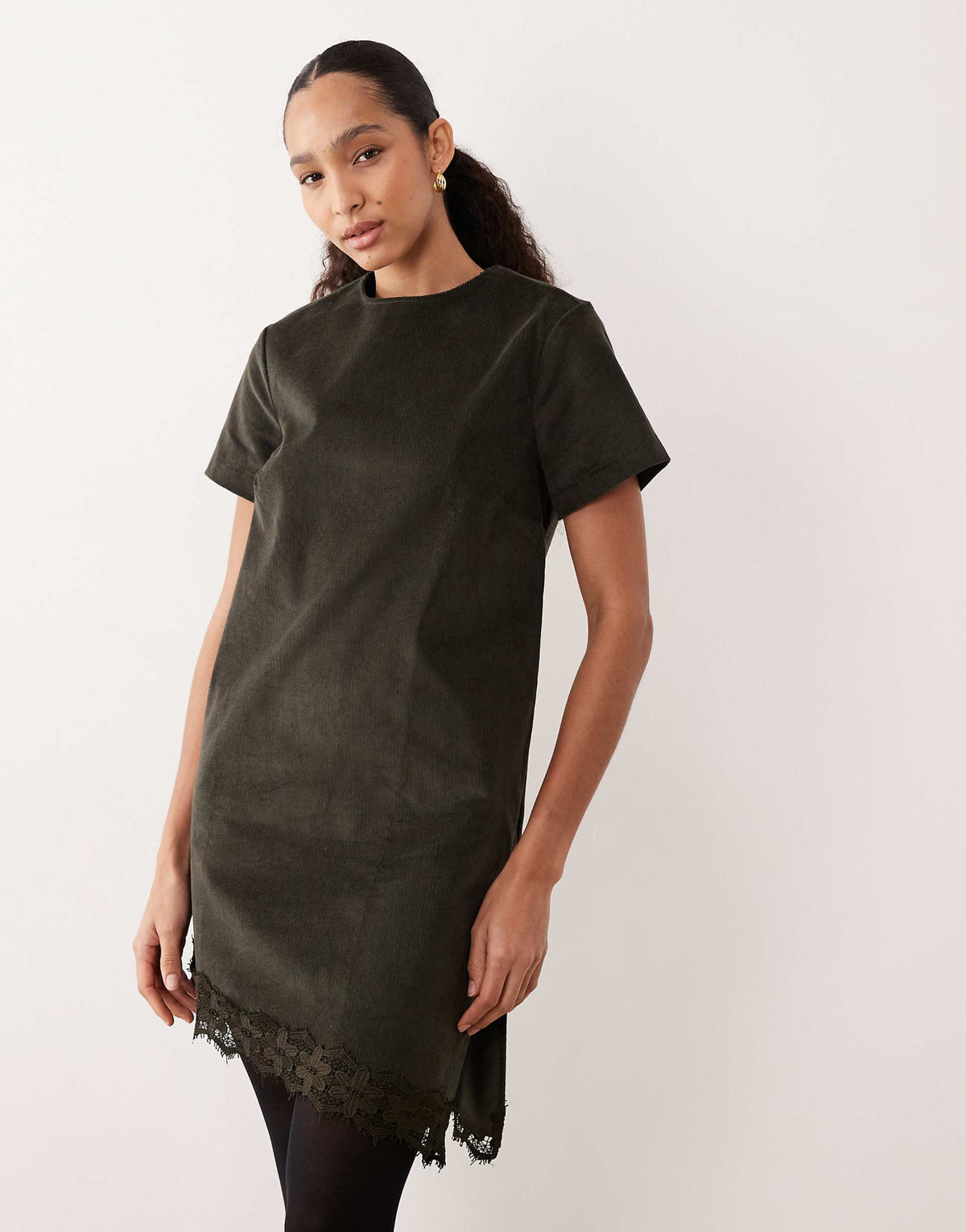 ASOS DESIGN corduroy t-shirt midi dress with asymmetric lace hem in olive