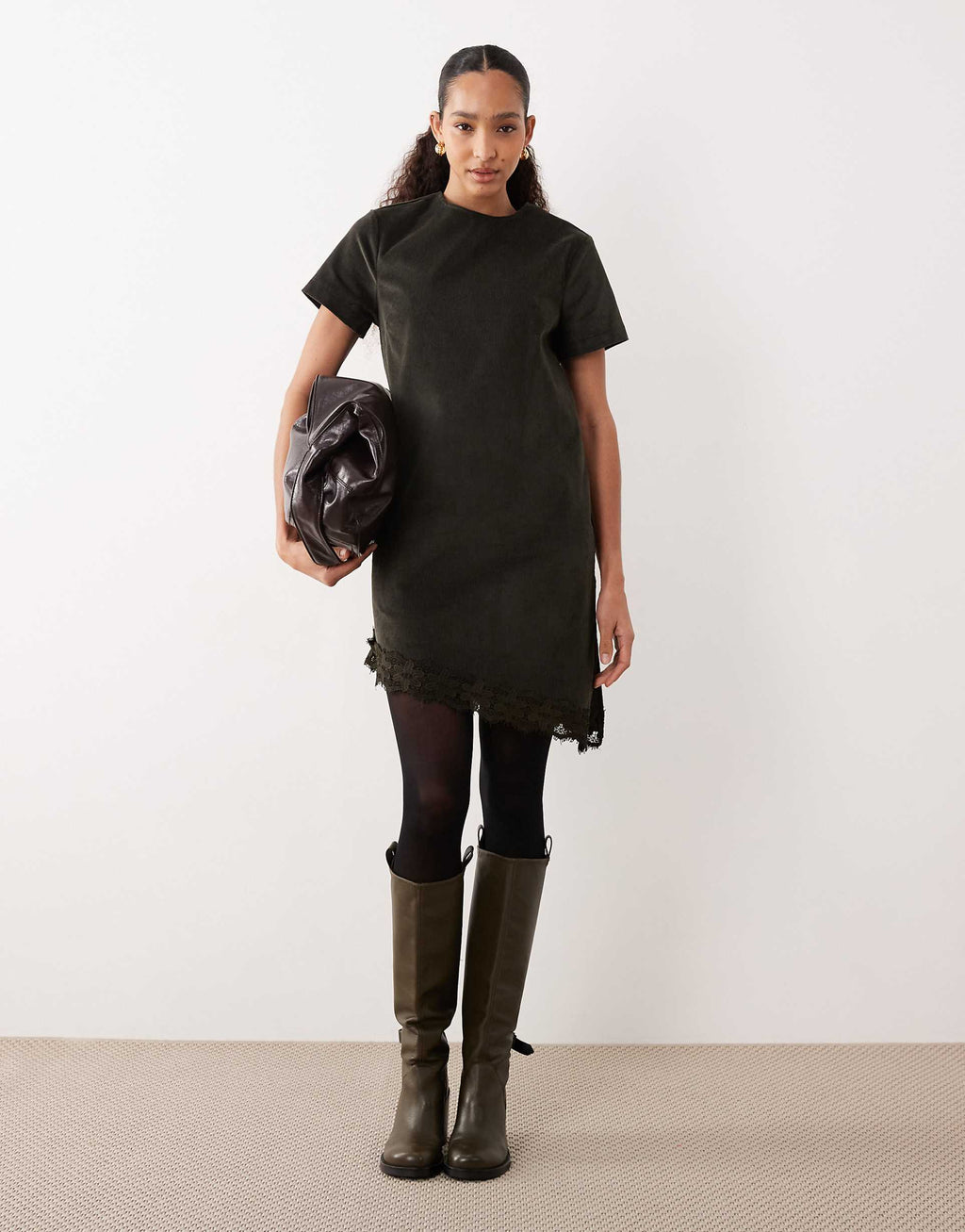 ASOS DESIGN corduroy t-shirt midi dress with asymmetric lace hem in olive