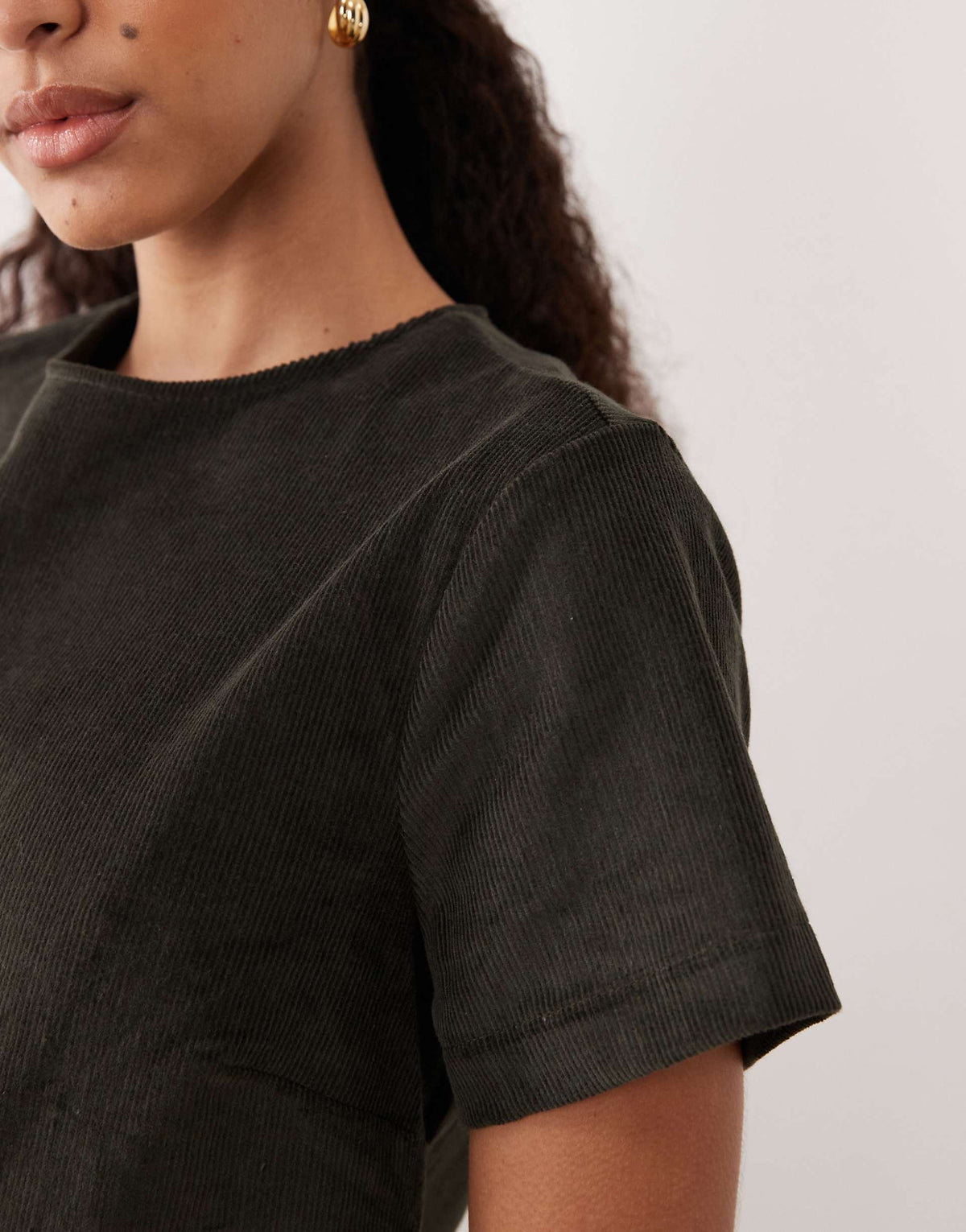 ASOS DESIGN corduroy t-shirt midi dress with asymmetric lace hem in olive