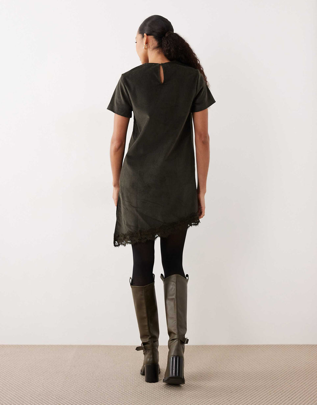 ASOS DESIGN corduroy t-shirt midi dress with asymmetric lace hem in olive