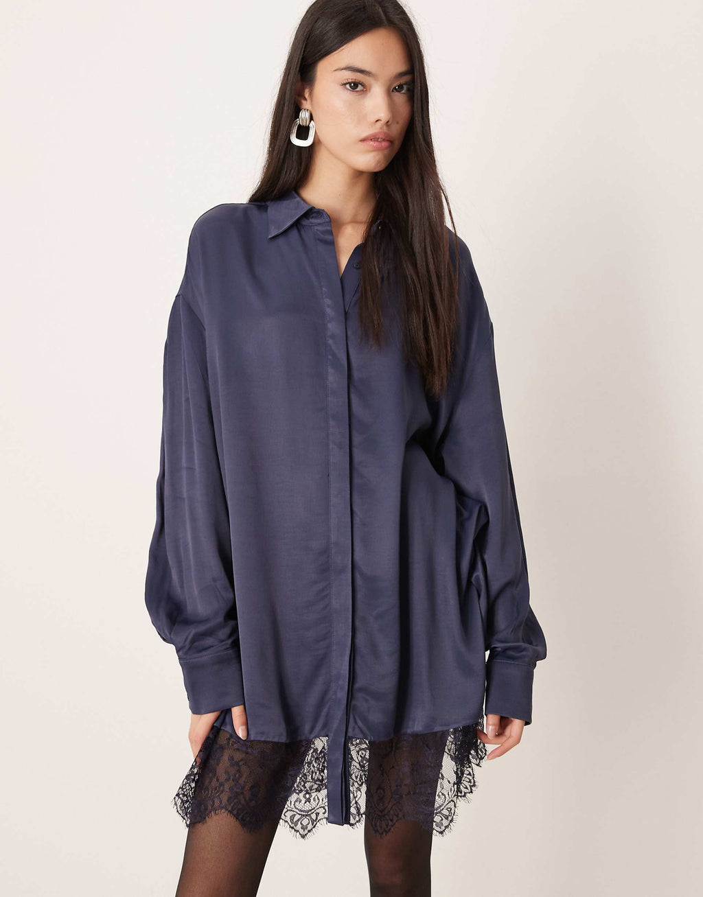 ASOS DESIGN satin shirt mini dress with high low curved hem in deep navy