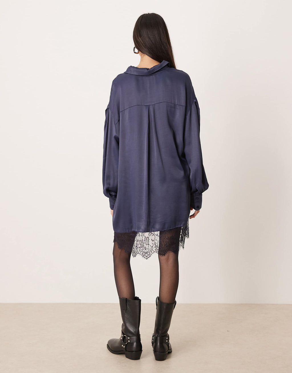 ASOS DESIGN satin shirt mini dress with high low curved hem in deep navy