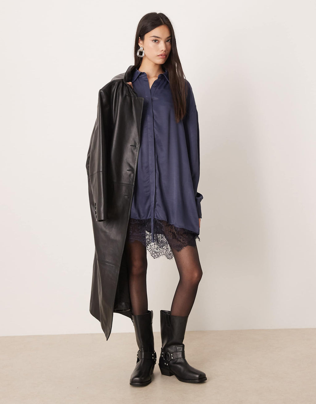 ASOS DESIGN satin shirt mini dress with high low curved hem in deep navy