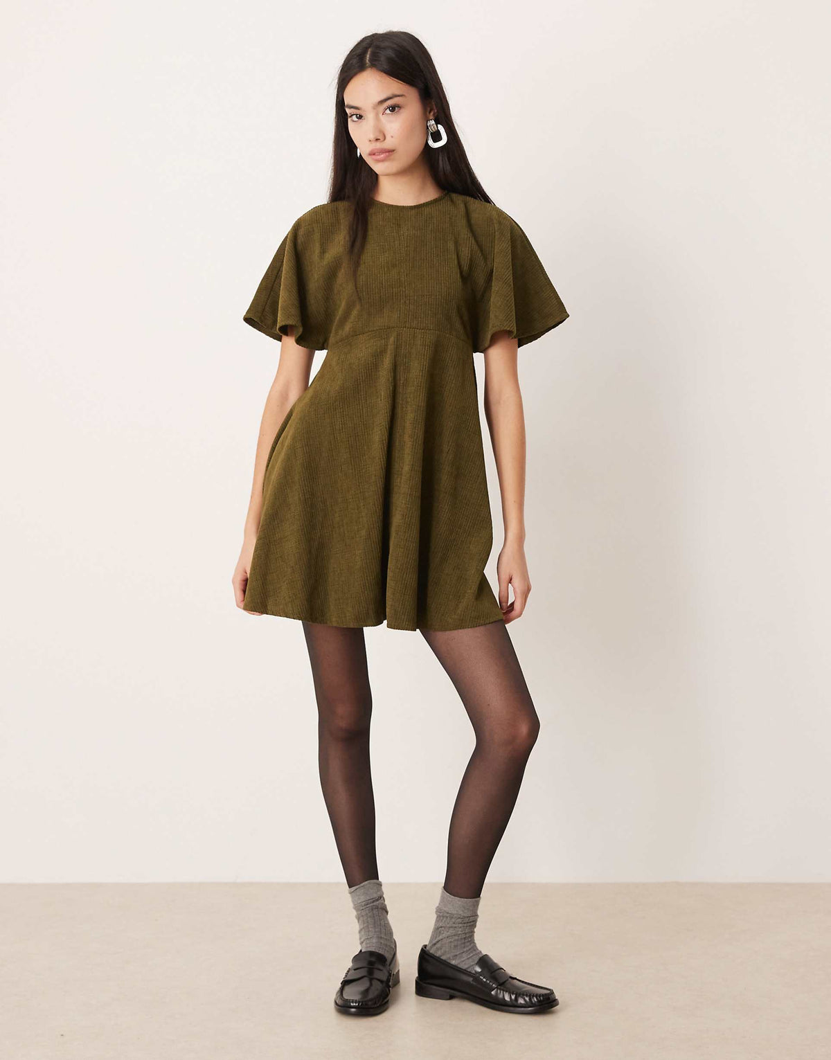 ASOS DESIGN cord T-shirt mini dress with stitching detail in dark green