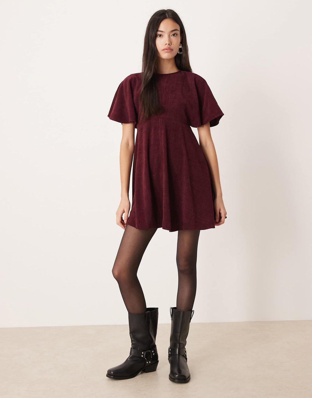 ASOS DESIGN cord T-shirt mini dress with stitching detail in plum