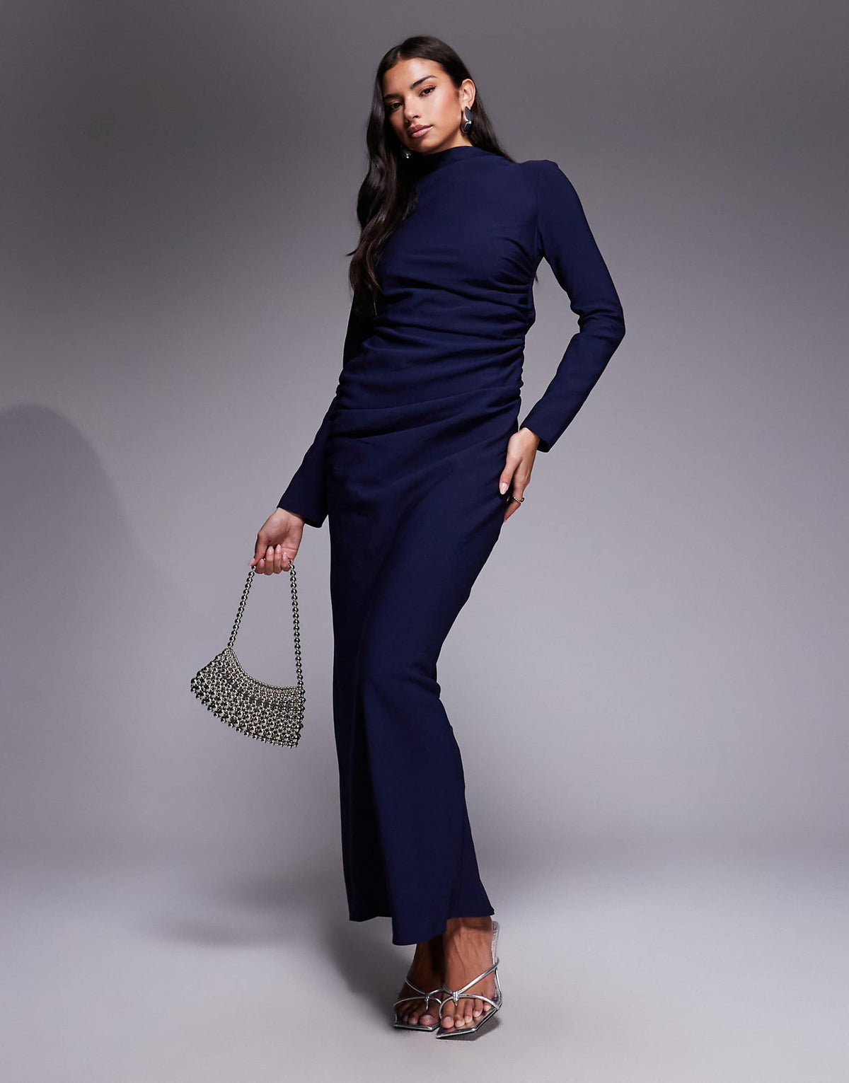 ASOS DESIGN high neck ruched side maxi dress in navy