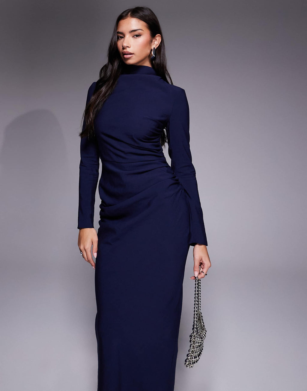 ASOS DESIGN high neck ruched side maxi dress in navy