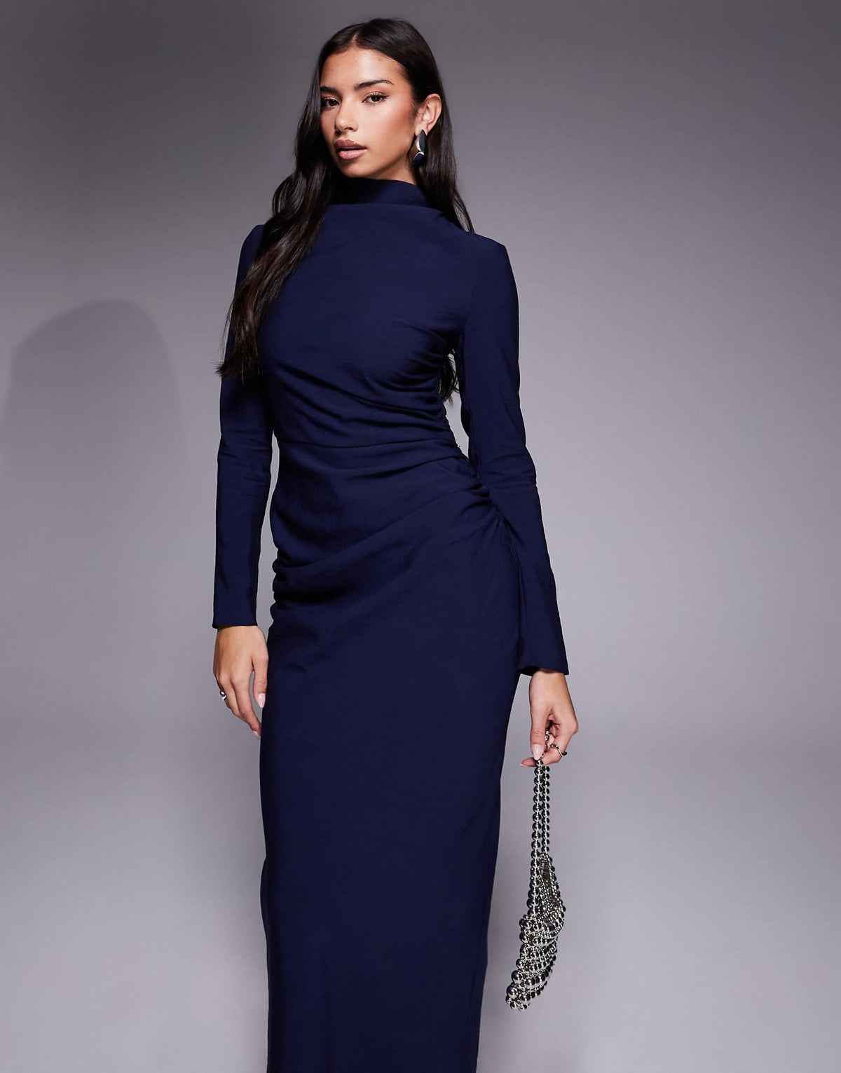 ASOS DESIGN high neck ruched side maxi dress in navy