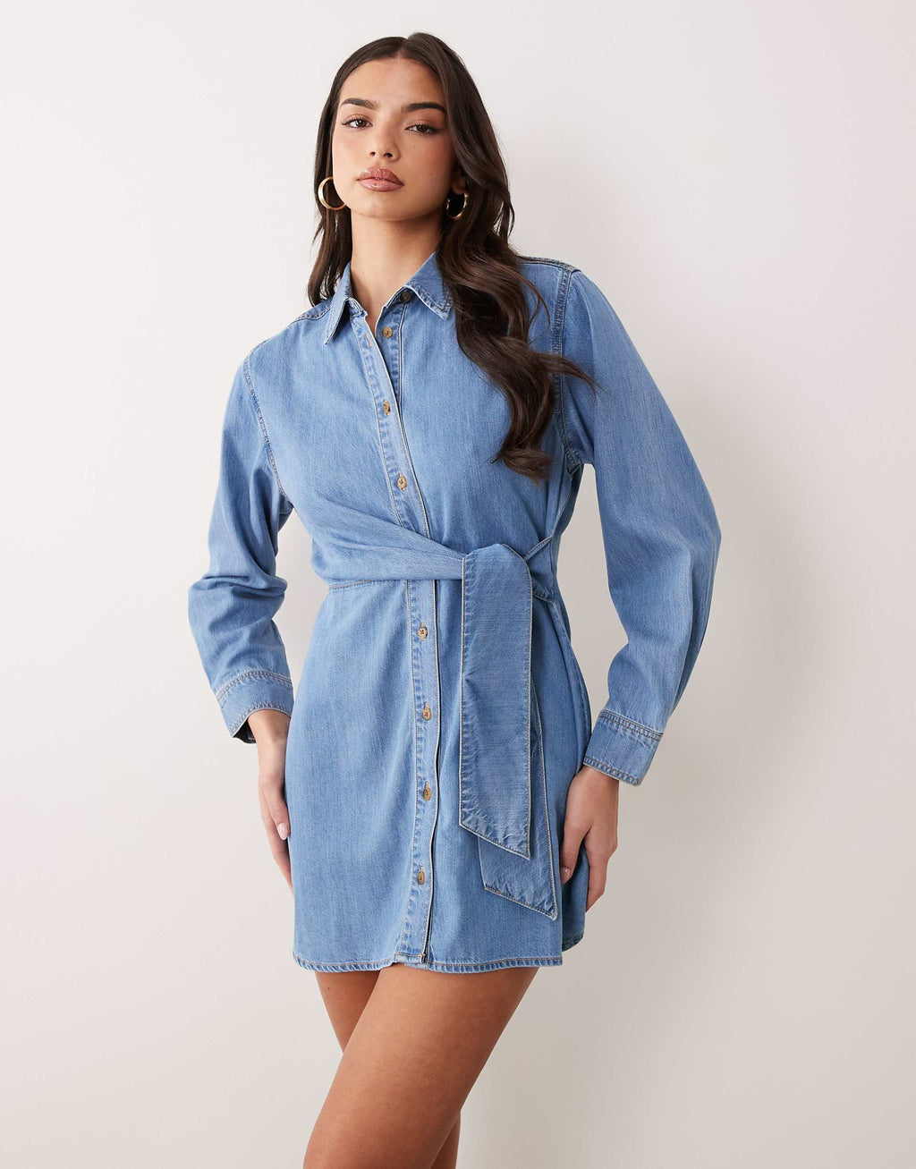 Good American wrap mini shirt dress in light blue wash denim