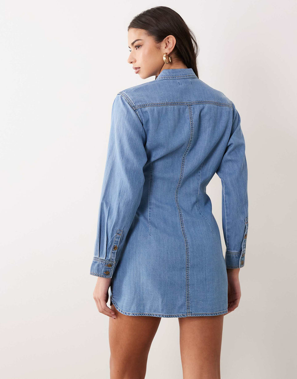 Good American wrap mini shirt dress in light blue wash denim
