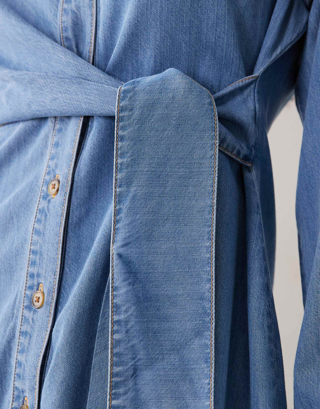Good American wrap mini shirt dress in light blue wash denim