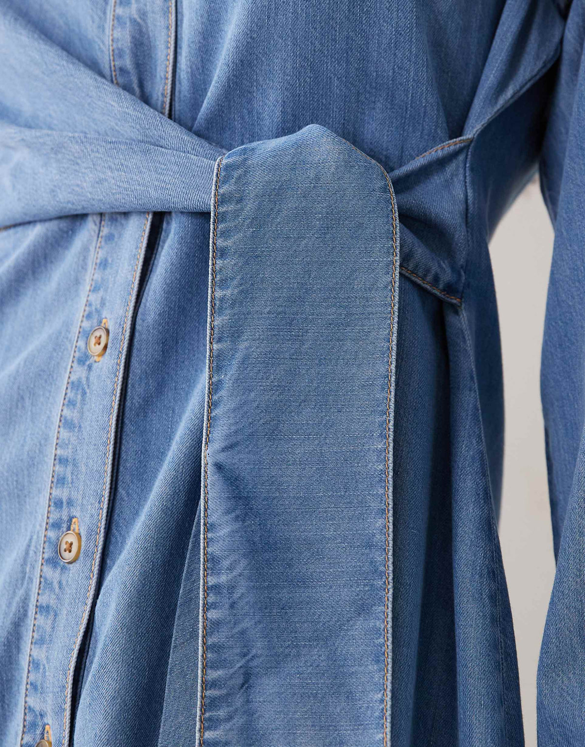 Good American wrap mini shirt dress in light blue wash denim