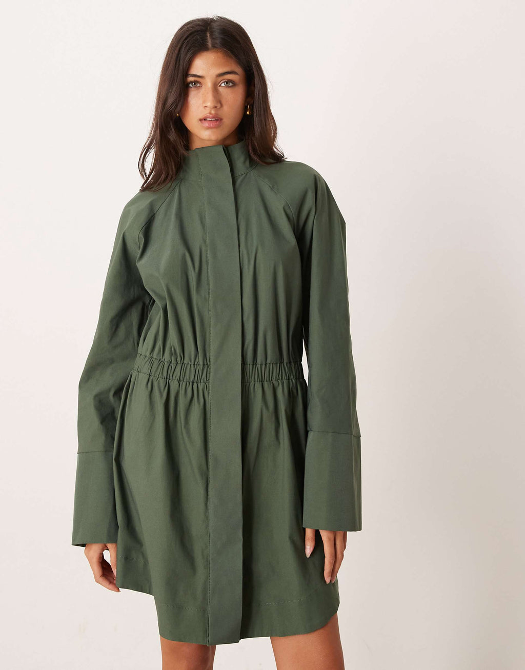 ASOS DESIGN high neck shirt mini dress with cinched waist in sage gray