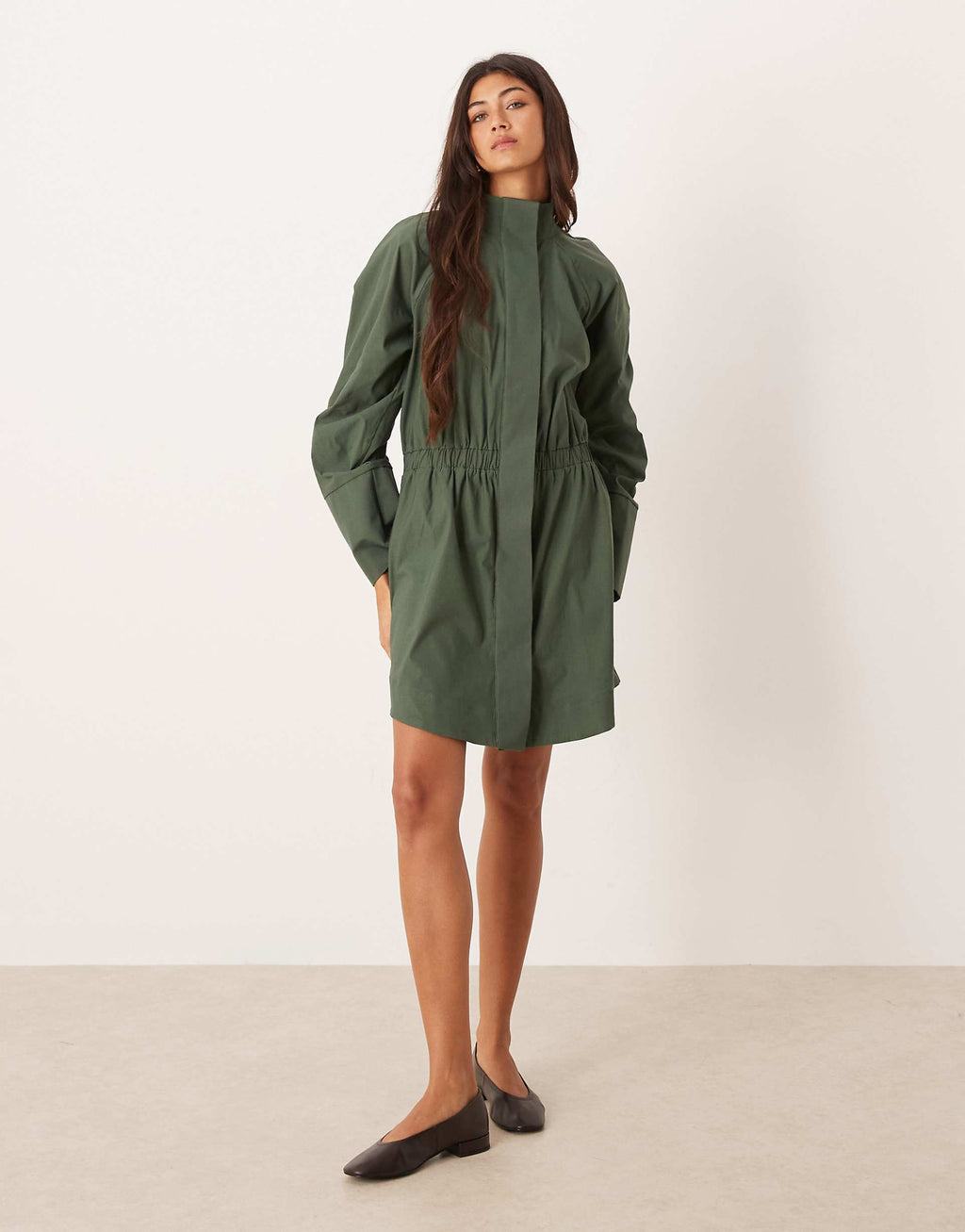 ASOS DESIGN high neck shirt mini dress with cinched waist in sage gray