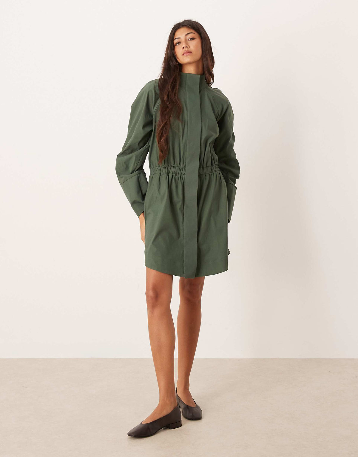 ASOS DESIGN high neck shirt mini dress with cinched waist in sage gray