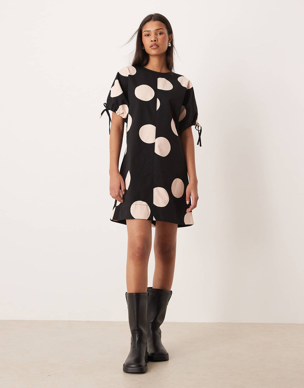 ASOS DESIGN crew neck mini dress with tie sleeve detail in polka dots