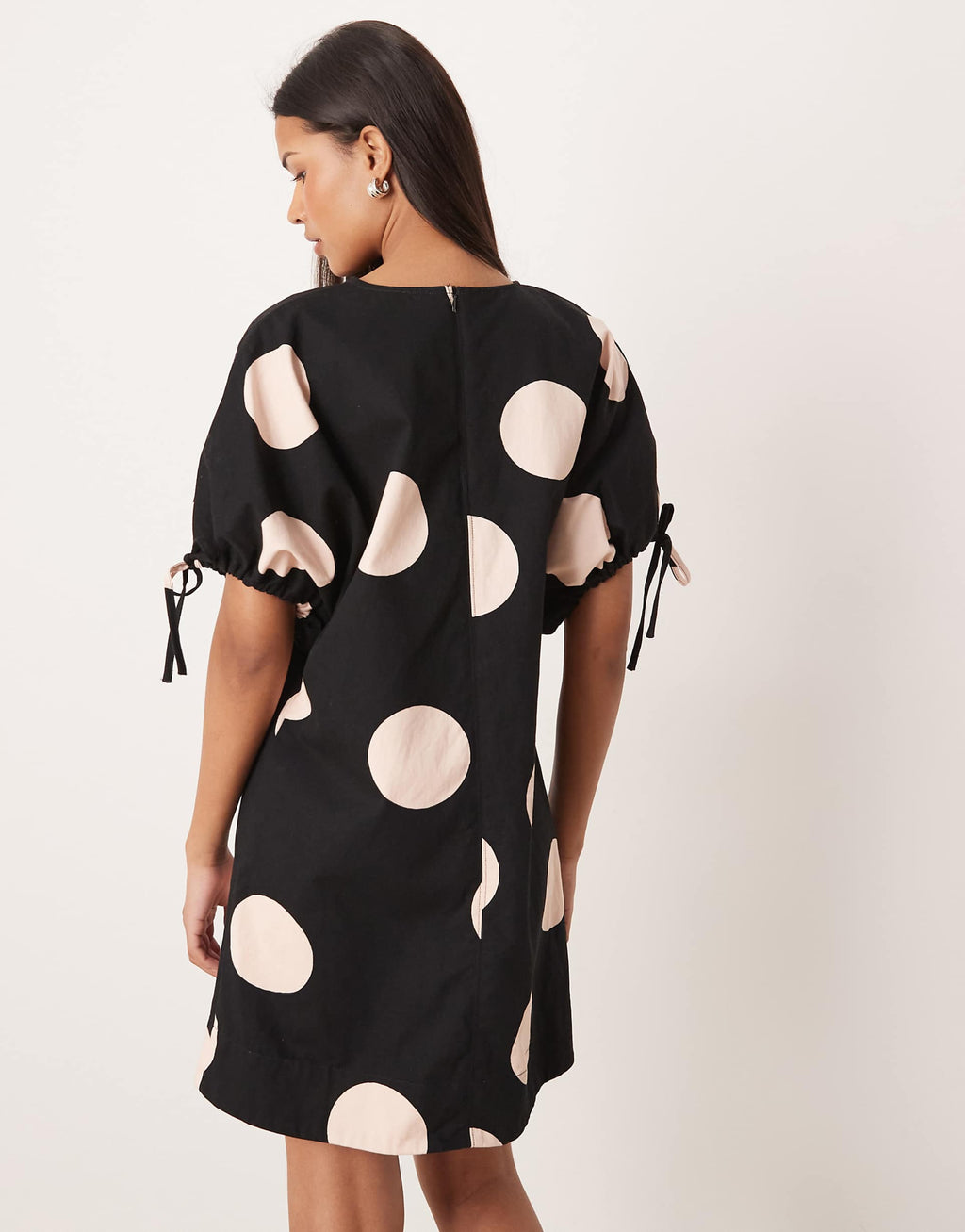 ASOS DESIGN crew neck mini dress with tie sleeve detail in polka dots