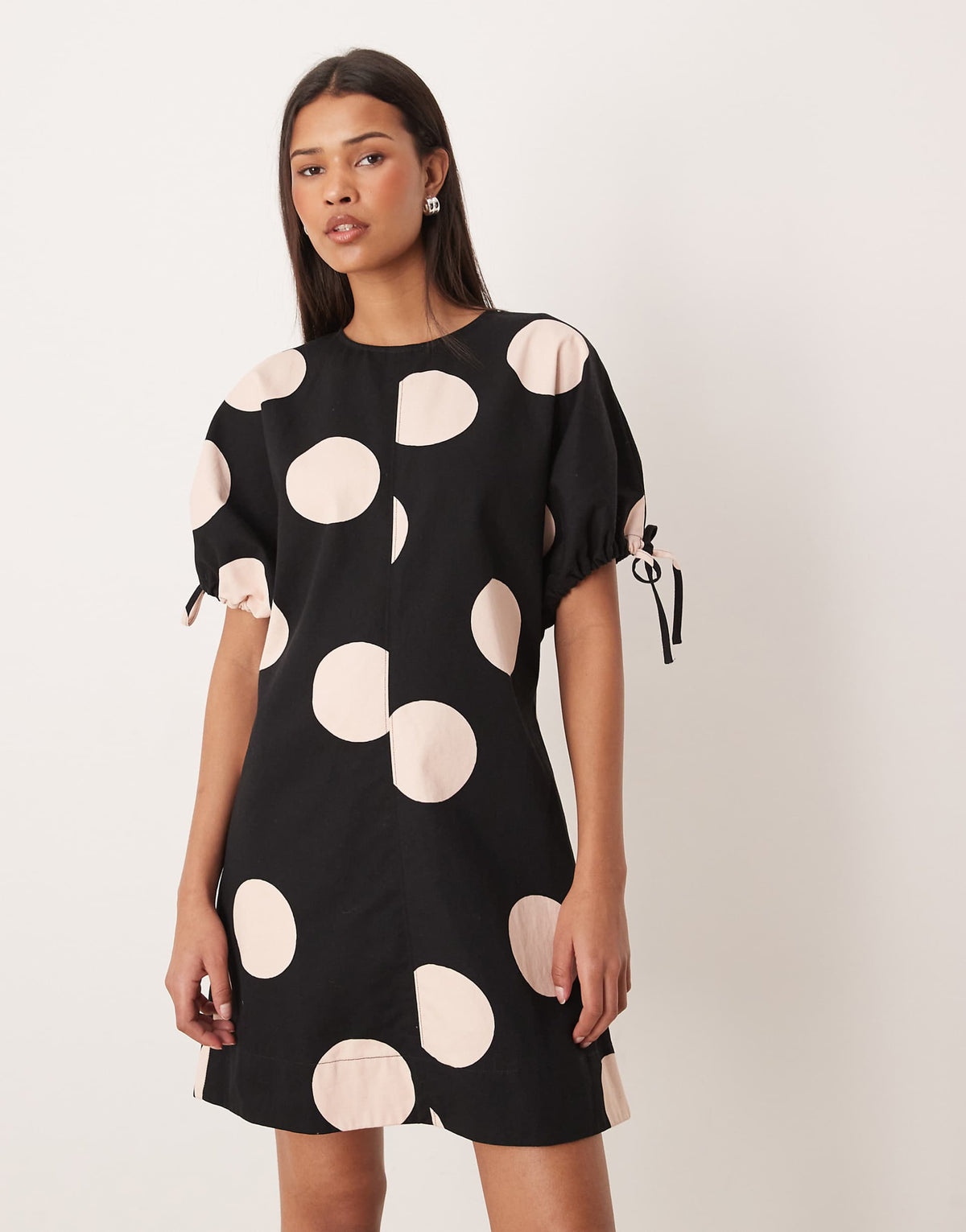 ASOS DESIGN crew neck mini dress with tie sleeve detail in polka dots