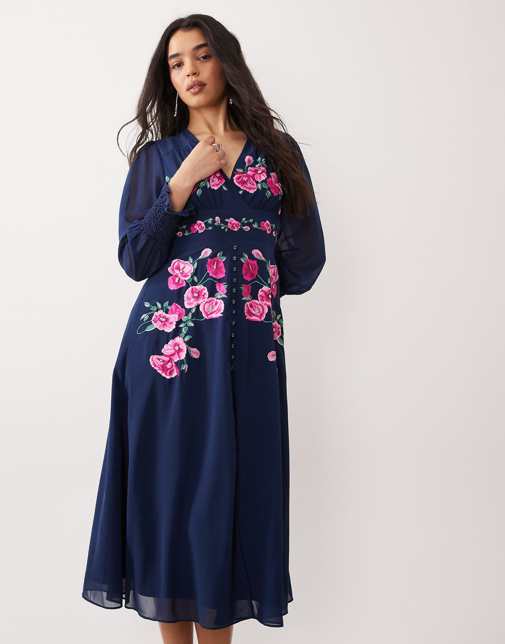 Hope & Ivy wrap bust embroidered midi dress with button front in navy