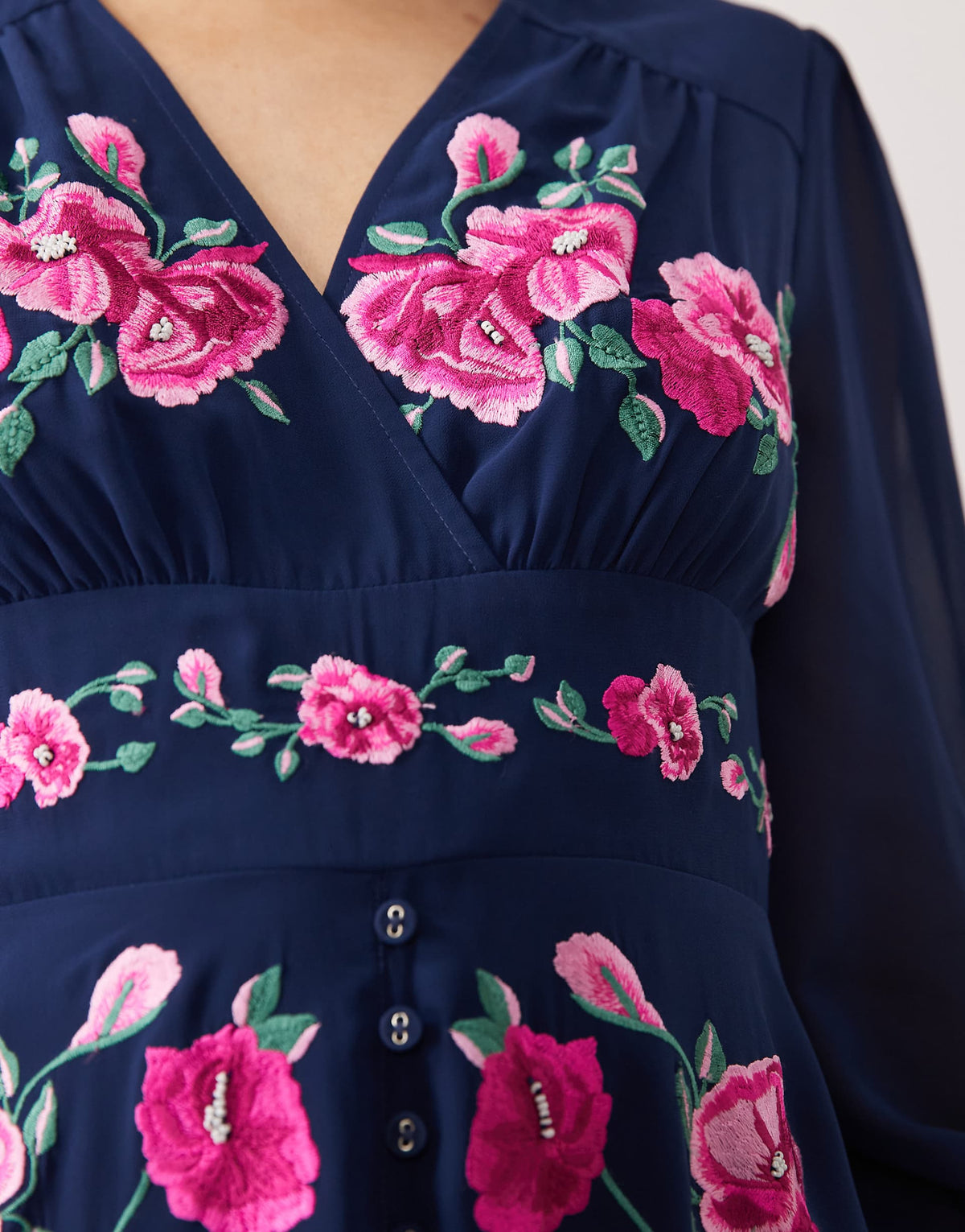 Hope & Ivy wrap bust embroidered midi dress with button front in navy