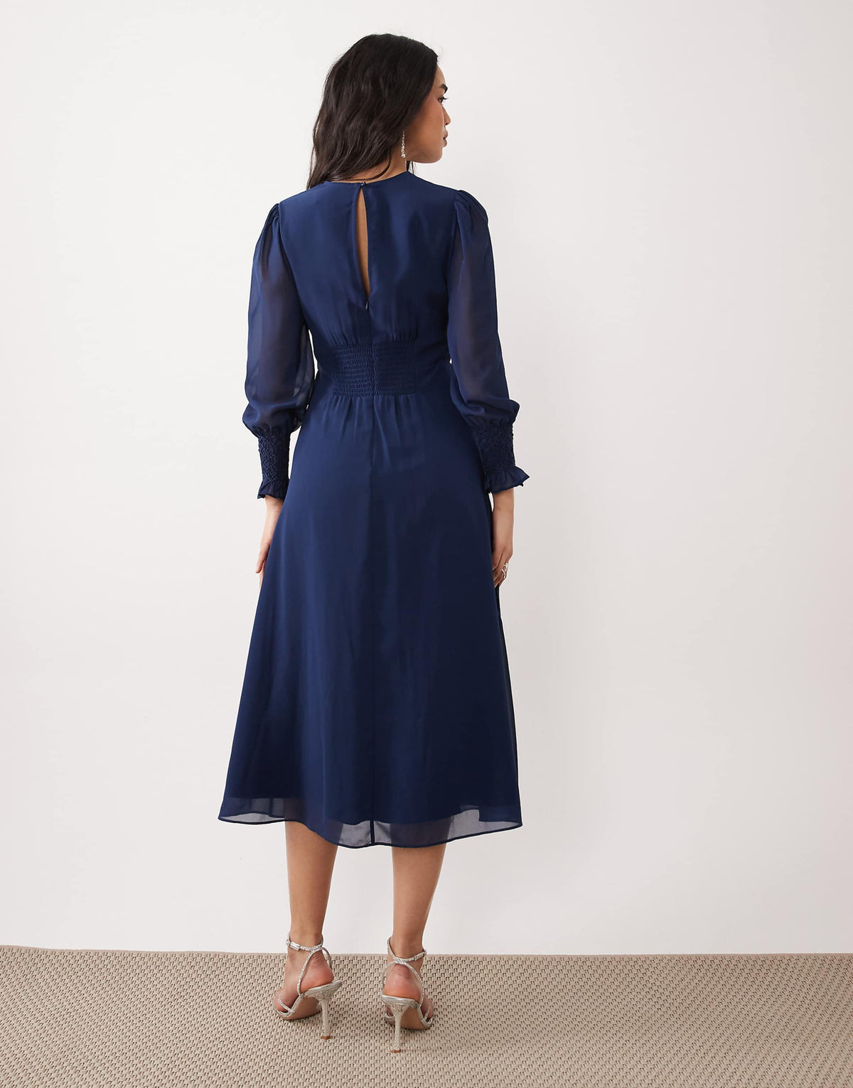 Hope & Ivy wrap bust embroidered midi dress with button front in navy