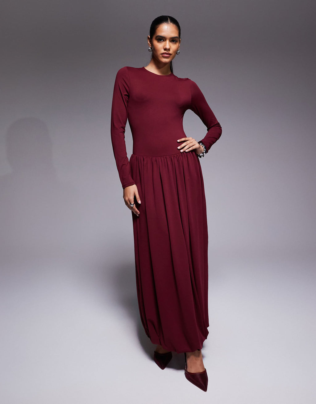 ASOS DESIGN draped long sleeve midi dress in burgundy