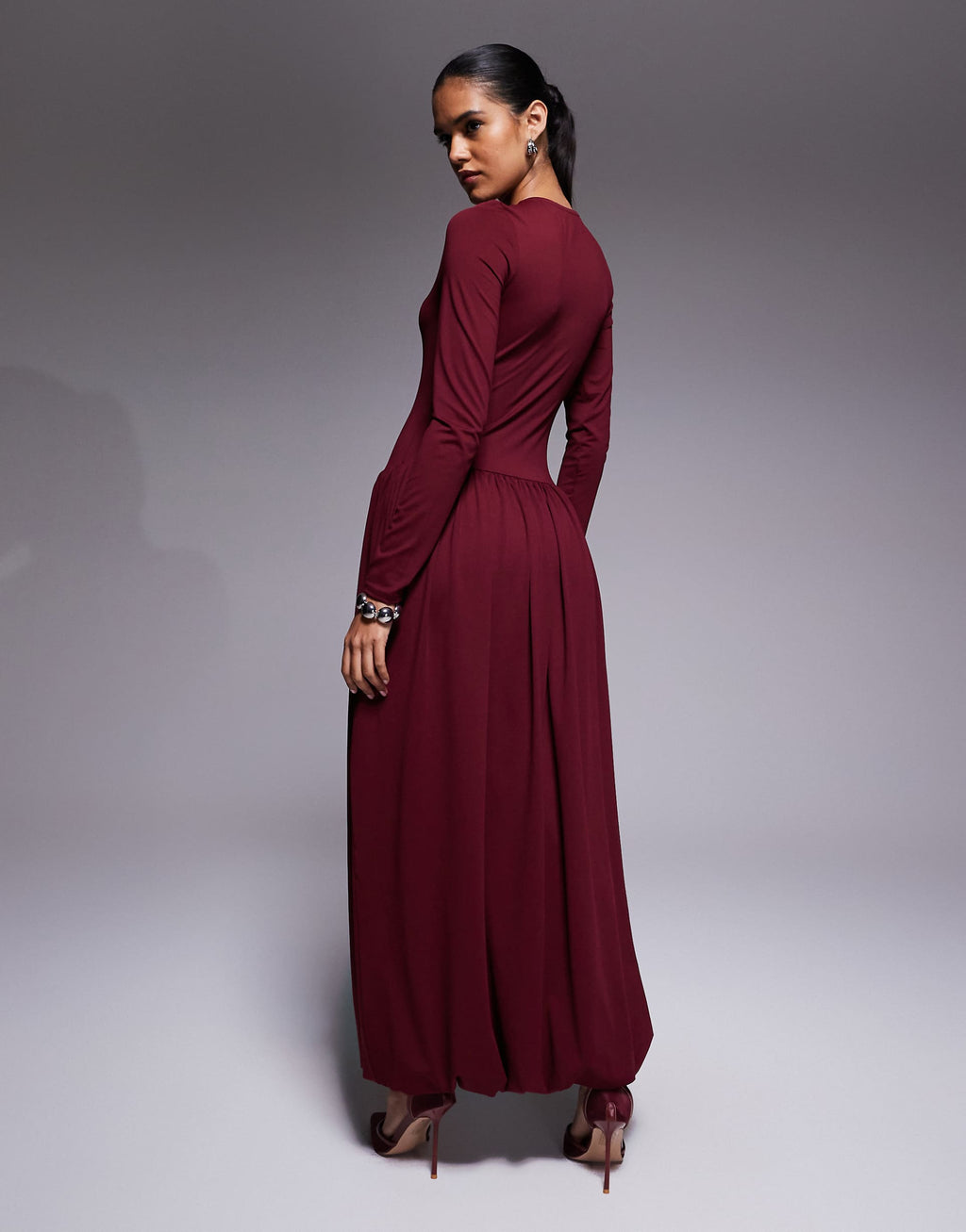 ASOS DESIGN draped long sleeve midi dress in burgundy