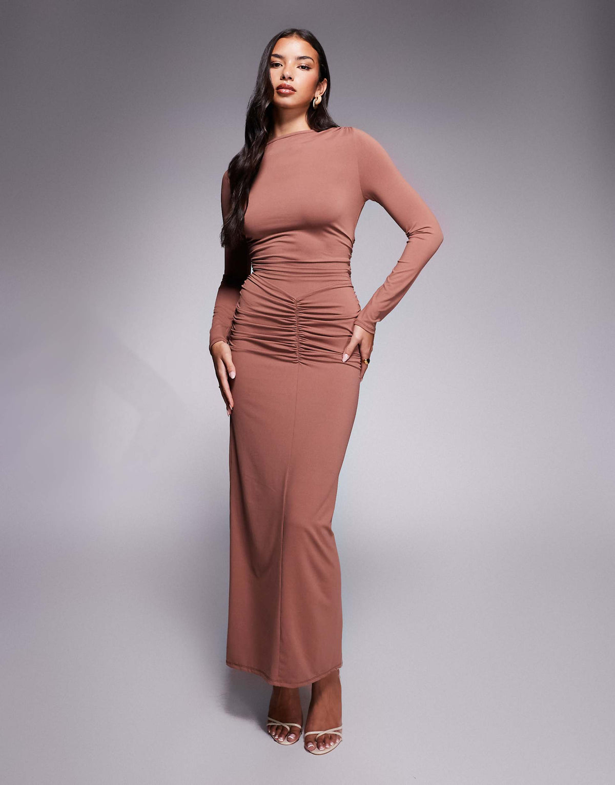 ASOS DESIGN long sleeve ruched corset tie back maxi dress in chocolate