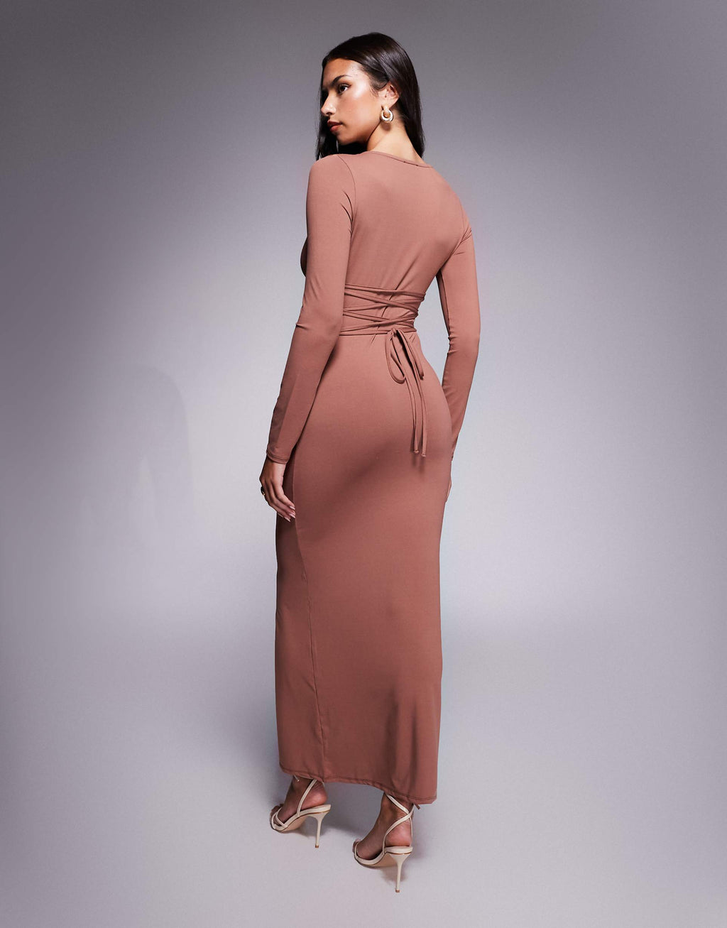 ASOS DESIGN long sleeve ruched corset tie back maxi dress in chocolate